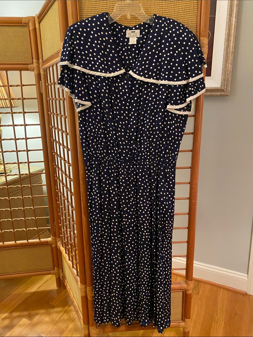 Studio Navy and White Polka Dot Midi Dress with Ruffle Trim